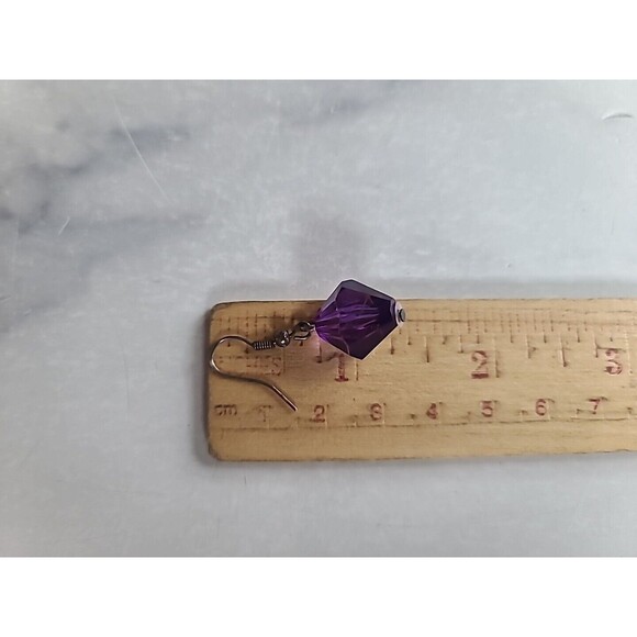 Silver Tone Metal Purple Beaded Dangling Pierced Earrings Vintage - Picture 9 of 10